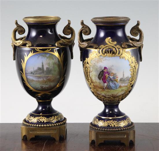 Pair of Sevres style ormolu mounted cobalt vases, late 19th century,(-)